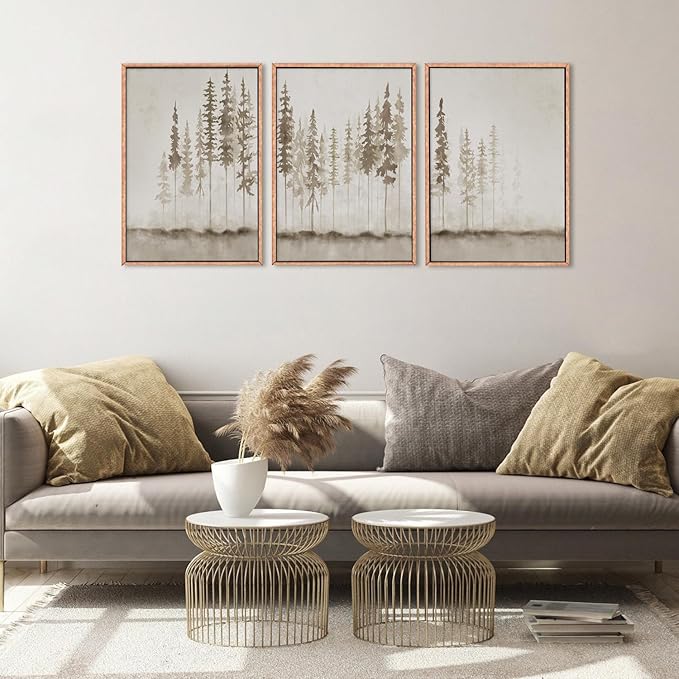 HPNIUB Large Misty Forest Framed Canvas Art Print Set, Modern Foggy Pine Tree Wall Decor, Pastel Nature Landscape, Abstract Foggy Forest Plant Art for Living Room, Bedroom, Office - 16" x 24" x 3