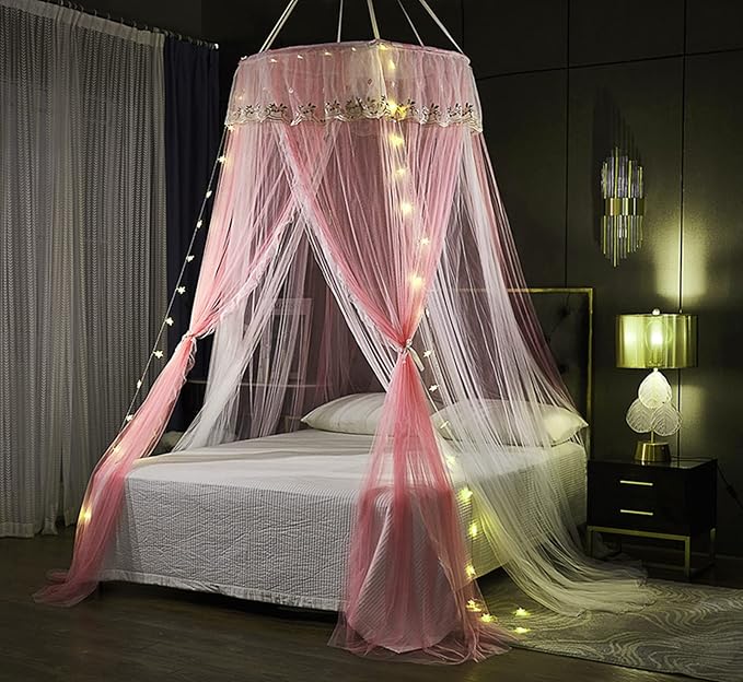 VETHIN Princess Bed Canopy for Girls Double Layer Sheer Mesh Dome Elegant Embroidery Lace Mosquito Net Bed Curtain for Full Queen King Bed with led Stars String Lights(Pink/White-1)