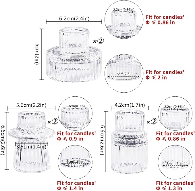 Candlestick Holders Set of 6, Ribbed Glass Taper Candle Holders, Reversible Clear Tealight & Candle Stick Candle Holder Vintage Crystal Tealight Candle Holder for Wedding Dinner Party