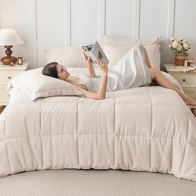 JOLLYVOGUE Queen Comforter Set, Ultra-Soft Bed in a Bag Queen Size 7 Pieces, Oeko-TEX Certified Bedding Set with Down Alternative Comforter, Sheets, Pillowcases & Shams, Beige