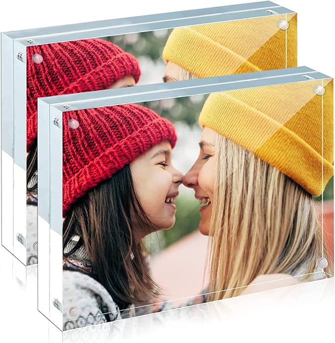 ILYXY 2 Pack Acrylic Frame 8x10, 20% Thicker, 24mm Thick Frameless Clear Picture Frame, Double Sided Magnetic Photo Frame, Free Standing Desktop Display Stand Acrylic Picture Frames