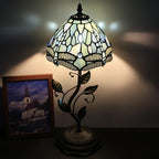 Small Tiffany Lamp Stained Glass Table Lamp Metal Leaf Accent Desk Memory Lamp Sympathy 8X20 Inch (Sea Blue Dragonfly Style)
