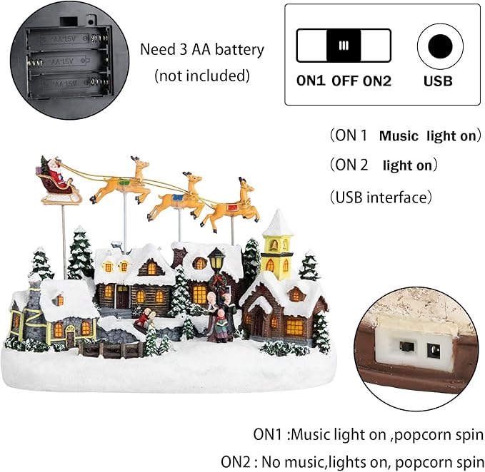 Musical Christmas Village Houses Santa Claus Sledding Reindeer Christmas Collectible Buildings LED Lights Musical Indoor Display Figurines Xmas Decoration
