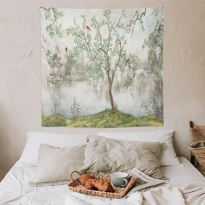 HZOHNAGO Japanese Tapestry Tree Misty Garden Lake Printed Wall Tapestry Ink Painting Wall Hanging for Bedroom Living Room Dorm 60" W x 60" H