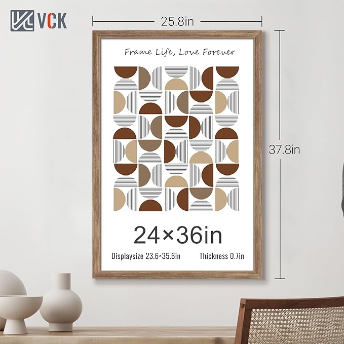 VCK 24x36 Poster Frame 3 Pack - Brown Walnut, Natural Textured Solid Wood Picture Frame, Wall Mounting Hanging