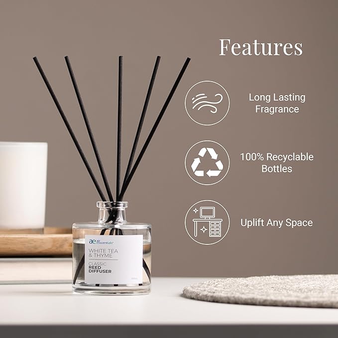 Classic White Tea & Thyme Reed Diffuser Set - Decorative Fragrance Diffuser & Oil for Bathroom & Home | Long-Lasting Aroma | Natural Scent Sticks | Essential Oils & Botanicals| 100mL