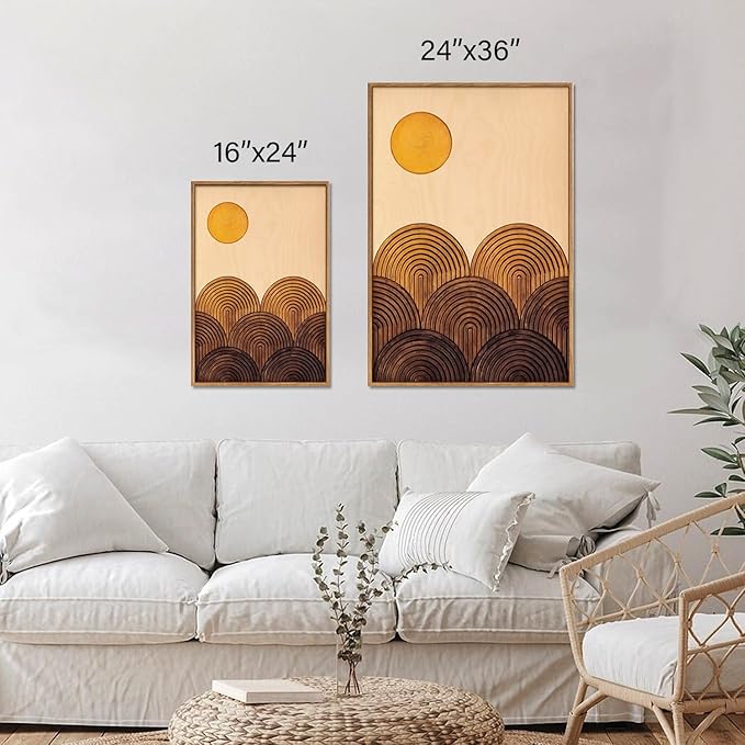 Tinonedraw Mid Century Modern Framed Canvas Wall Art Set, Boho Minimalist Geometric Wall Decor, Bohemian Sun and Moon Art Paintings, Beige Brown Wooden Artwork for Living Room Bedroom Office 24"x36"x3