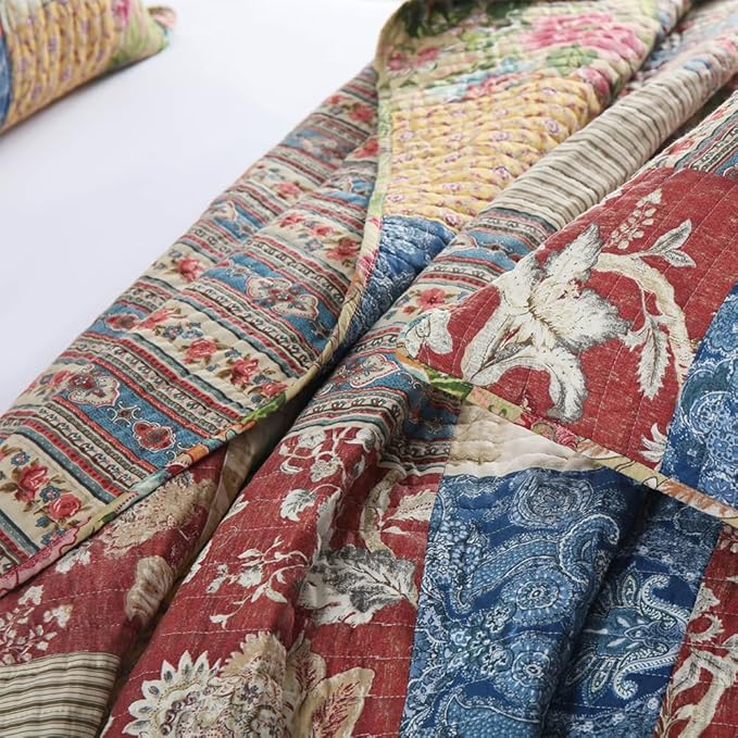 Cotton Bedspread Quilt Sets Reversible Bedding Coverlet Sets 3 Pieces Gorgeous Rustic Vintage Floral Red Yellow Patchwork Bedspread, Queen Size