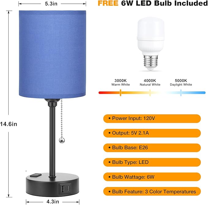 Blue Table Lamps 3 Color Temperatures - 3000K 4000K 5000K Bedside Lamps with USB C and A Ports, Pull Chain Lamps for Bedrooms with AC Outlet, Nightstand Lamps with Black Metal Base for Kids Boys