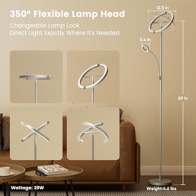 2-in-1 Dimmable Floor Lamp with Reading Light - Rotatable Standing Lamp with Remote&Touch Control, Stepless Color Brightness Adustable, Modern Lamp for Living Room Bedroom Office, Silver