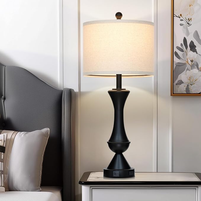 29" Black Tall Table Lamps for Living Room, Touch Control Bedroom Lamp with USB A+C Ports, 3-Way Dimmable Bedside Table Lamps Set of 2, Modern Metal Lamp for Nightstand