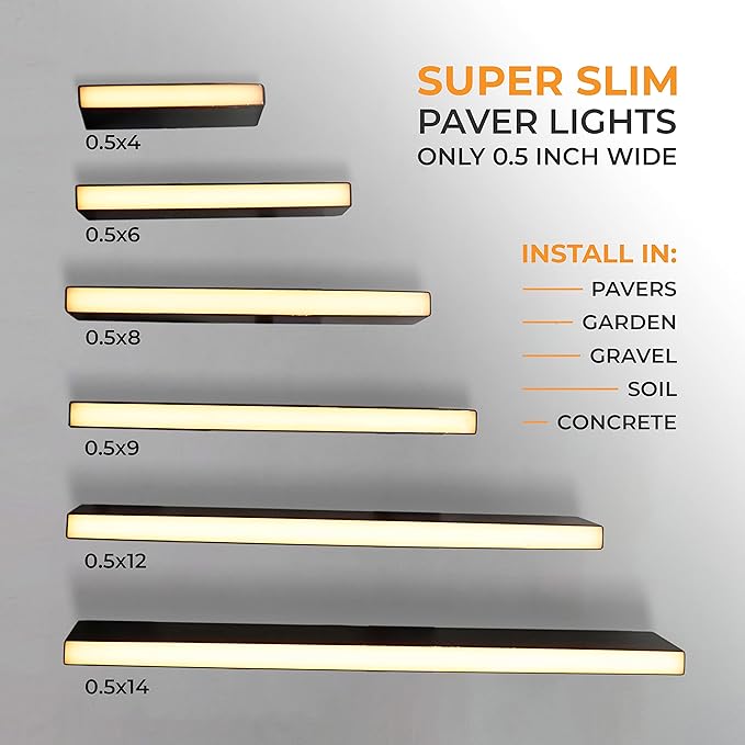 LUMENGY Paver Light Slim 0.5x6 Inch Glare-Free Steel Brick Lighting for Pavers, Walls, Driveway & Pathway Borders 2700K Warm White, Waterproof, Drive-Over Rated - 12V AC/DC