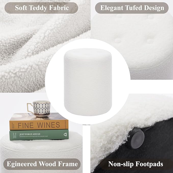 Modern Round Ottoman 2Pcs, Classic Foot Stool Ottoman, Teddy Fleece Upholstered Vanity Stool for Makeup, Bedroom, Living Room, White