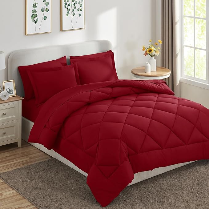 CozyLux Full Size Comforter Sets Dark Red - 7 Pieces Bed in a Bag Full, Luxury Soft Bed Set for All Seasons, Bedding Set with Down Alternative Comforter, Sheets, Pillowcases & Shams