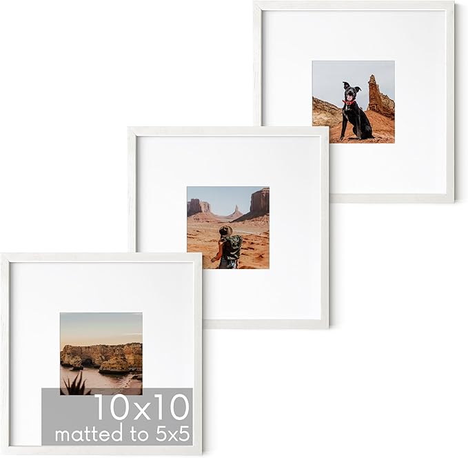 HAUS AND HUES Solid Oak Wood 10”x10” Picture Frames Matted to 5”x5” Set of 3-10x10 Square Picture Frames, 10 x 10 White Picture Frames, 10x10 Photo Gallery Wall Frame Set, Wooden Picture Frames