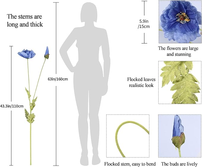 IPOPU 43.3" Poppy Flowers Artificial Flowers 6PCS Fake Silk Poppies Long Stem Artificial Flowers for Tall Vase for Wedding Party Home Decor(Royal Blue)