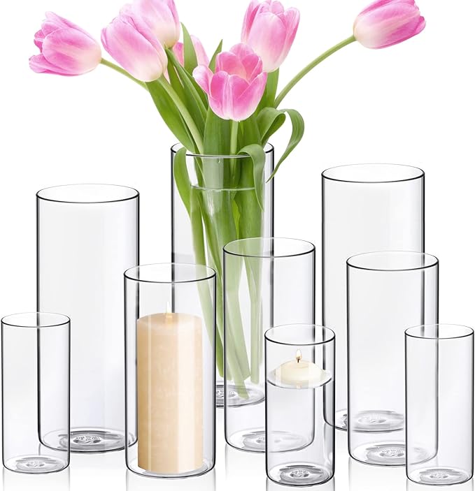 WDHODEC Hurricane Candle Holders for Pillar Candles, Clear Glass Cylinder Vases for Flowers, Votives for Wedding Party Centerpieces 10" 7.8" 6" Set of 9
