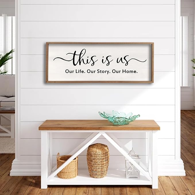 This is us Wall Decor Sign 32'' x 12'' Large Master Bedroom Home Life Story Wood Framed Vintage Family Sign Rustic Plaque Living Room Minimalist Farmhouse Hanging Wall Art (Wood)