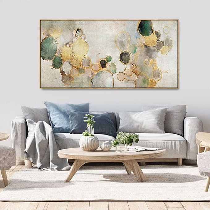 Gold Circle Modern Artwork Framed Abstract Wall Art Green Canvas Decor 24"x48" Wall Decorations for Bedroom Living Room Kitchen