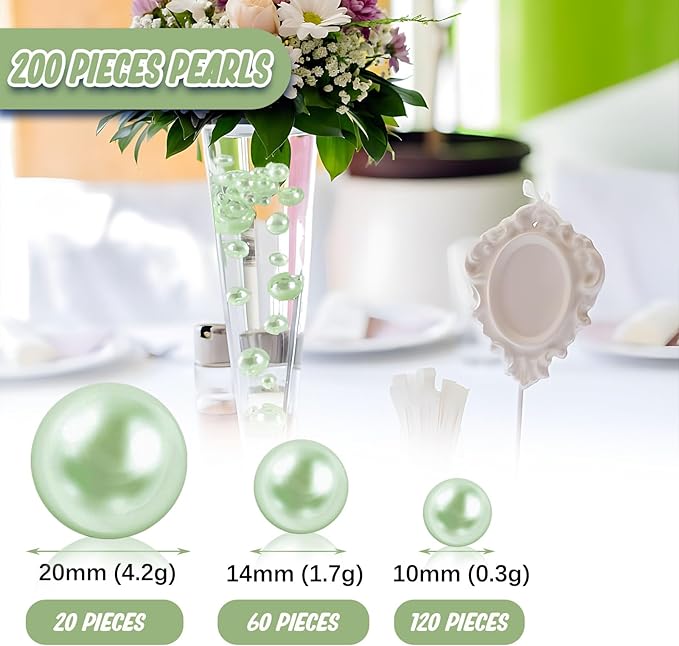 200 PCS Light Green Vase Fillers, Pearls Bead for Centerpieces Vases, 10/14/20 MM No Hole Beads, Fake Pearls for Wedding Birthday Easter Theme Party Table Centerpieces Decor