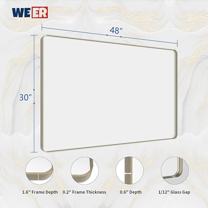 WEER 48X30 Inch Brushed Nickel Bathroom Mirror, Brushed Silver Metal Frame Mirror, Rounded Rectangle Silver Bathroom Vanity Mirror, Tempered Glass, Anti-Rust, Hangs Horizontally or Vertically