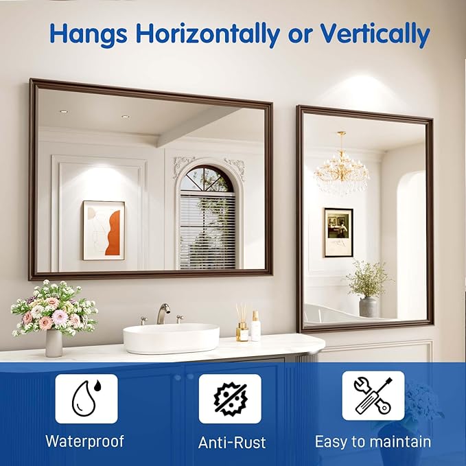 WEER Retro Copper Bathroom Mirror, 48x36 Inch Bronze Oil Rubbed Framed Mirror, Rectangle Classic Vintage Framed Wall Mirror, Farmhouse Vanity Mirror, Tempered Glass, Vertically or Horizontally