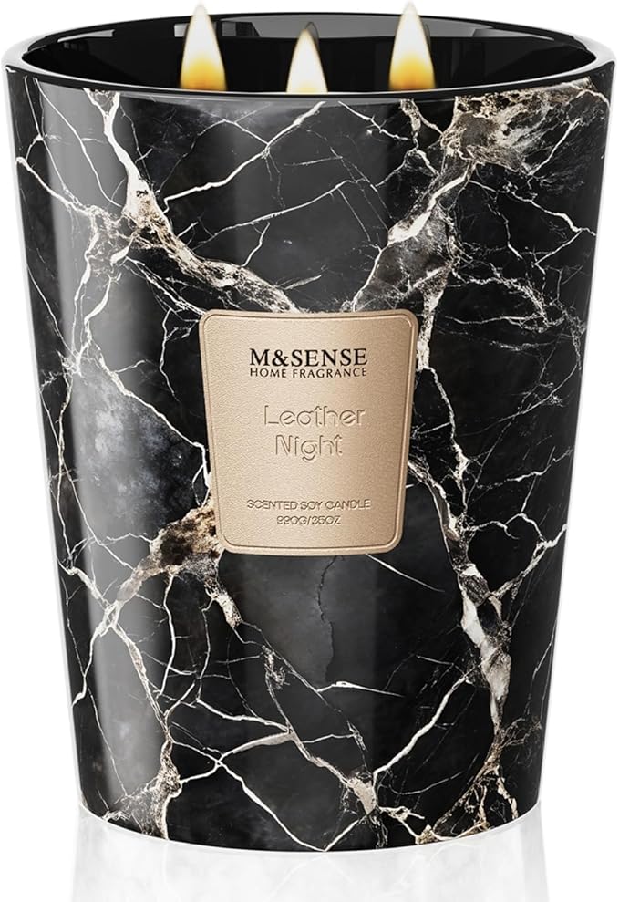 M&SENSE LeatherNight Scented Candles for Home, 3-Wick Highly Scented Jar Candles, Extra Large Candle 35 Oz 150 Hours Long Lasting Burning, Relaxing Aromatherapy Candle for Stress Relief, Meditation