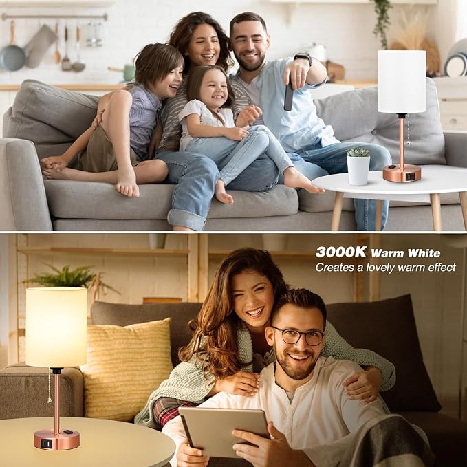 Small Bedside Table lamp for Bedroom - Red Bronze Modern Wedding Gift for Couples, 3 Color Temperatures & USB Ports & AC Outlet, Gold Nightstand Lamps for Reading, Dorm, Office, Living Room, Bathroom