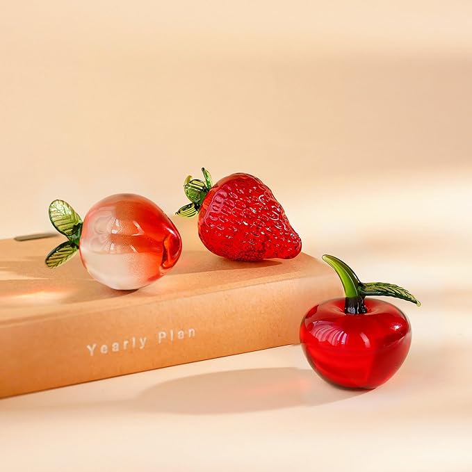 Set of 3 Crystal Fruits Decoration for Home Kitchen Glass Red Strawberry Apple Peach Fruit Figurines Glass Fruits Decor for Wedding Birthday Tabletop Centerpiece