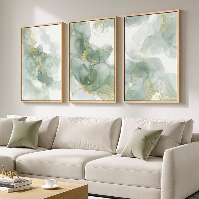 Large Framed Sage Green Abstract Wall Art for Living Room, 3 Piece Green and Gold Canvas Prints Paintings Artwork for Walls, Modern Minimalist Pictures for Hallway Stair Office Wall Decor 24x36 In