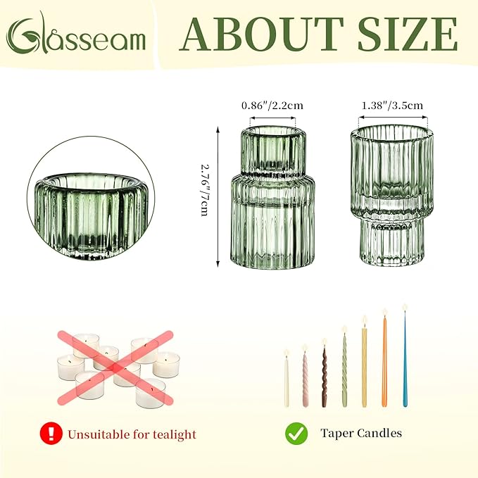 Glasseam Taper Glass Candlestick Holder: Green Candle Stick Holders Set of 2 Small Candle Holders for Candlesticks Vintage Crystal Tapered Candle Holder for Wedding Table Centerpiece Christmas Advent