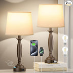 White Brown Lamps for Bedrooms Set of 2 - Touch Control Bedside Lamp with USB C+A, 3 Way Dimmable Nightstand Lamps with USB Port, Table Lamp for Living Room(White Shade and Brown Base)