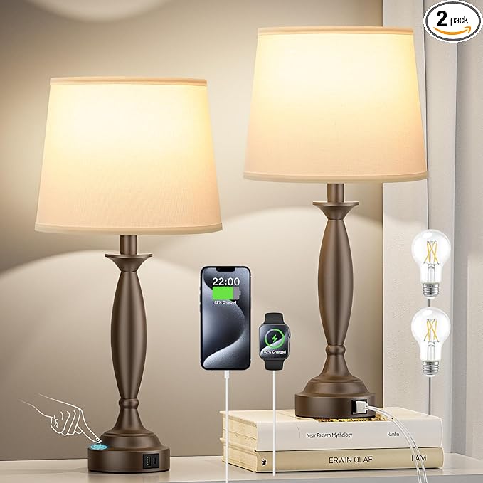 White Brown Lamps for Bedrooms Set of 2 - Touch Control Bedside Lamp with USB C+A, 3 Way Dimmable Nightstand Lamps with USB Port, Table Lamp for Living Room(White Shade and Brown Base)