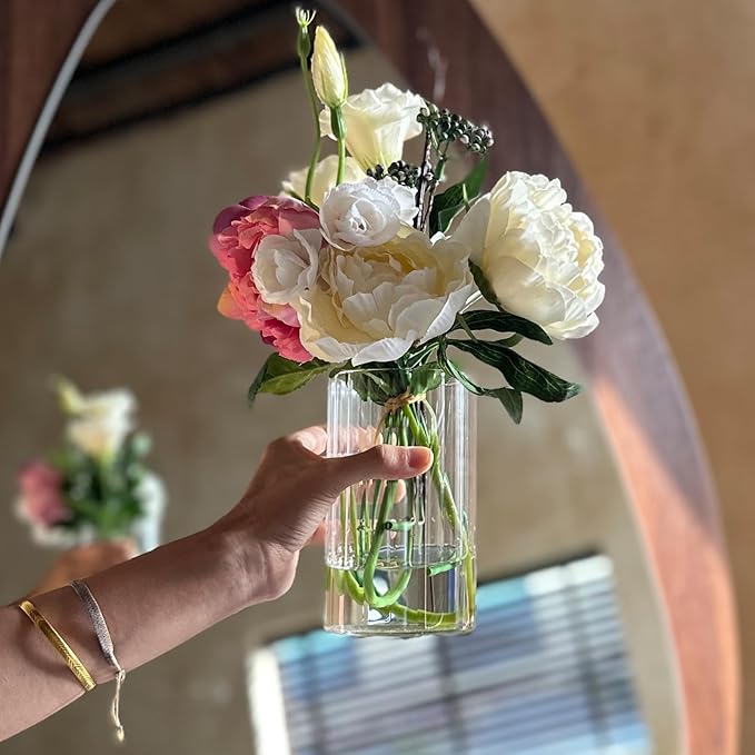 12Pcs Glass Cylinder vases for Centerpieces, 6 Inches Clear Ribbed Bud Vases for Wedding Decorations,Floral Vase Bulk Flower vases,Tall Glass Hurricane Candle Holder for Table Shelf, Party(Ribbed)