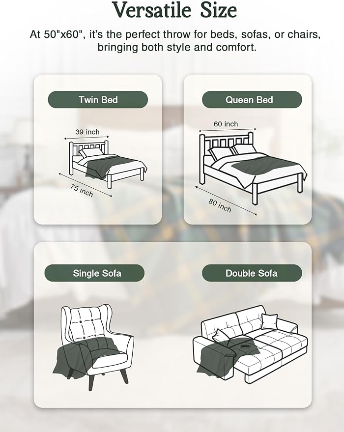 ZonLi Green Plaid Throw Blanket for Couch, Fall Plaid Blanket for Home Decor, Soft Lightweight Cozy All Season Decorative Vintage Blankets with Tassel for Bed and Sofa, 50'' x 60''