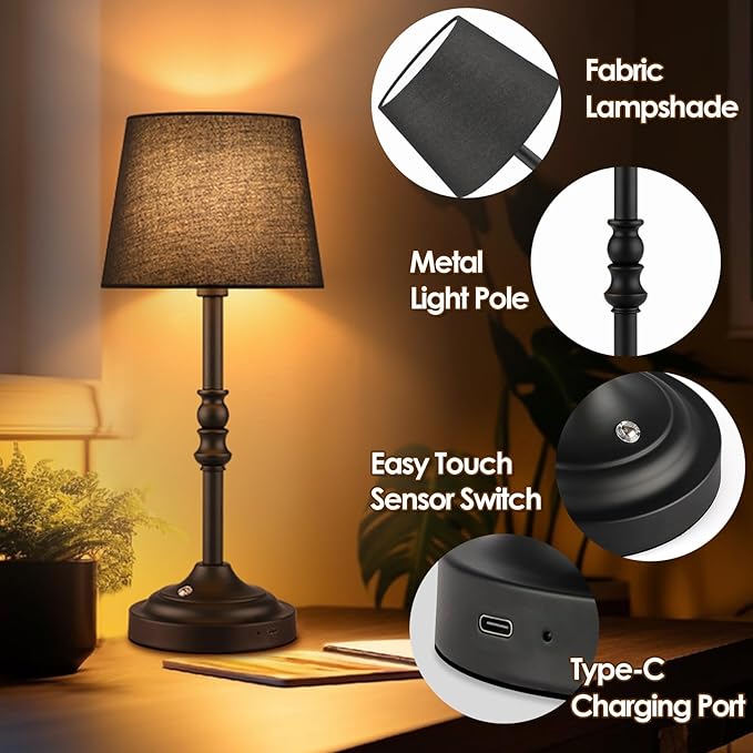 GGOYING Set of 2 Rechargeable Cordless LED Table Lamps, 4-Level Dimmer, Black Portable Desk Lamps with Black Fabric Shades, Night Light for Dining, Bedroom and Patio