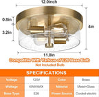 Flush Mount Ceiling Light Fixtures, 2-Light Brass Ceiling Mount for Farmhouse with Seeded Glass Lampshade, Industrial Hall Flush Mount Light Fixture for Hallway, Kitchen, Entryway, Bedroom and Foyer
