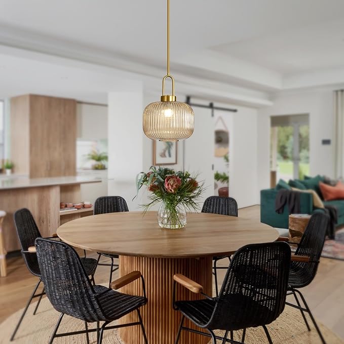 Modern Amber Glass Pendant Light Fixtures, Mid Century Pendant Lights for Kitchen Island, 9.8" Gold Adjustable Height Ceiling Hanging Light Fixtures for Dining Room Entryway Bedroom Foyer Hallway