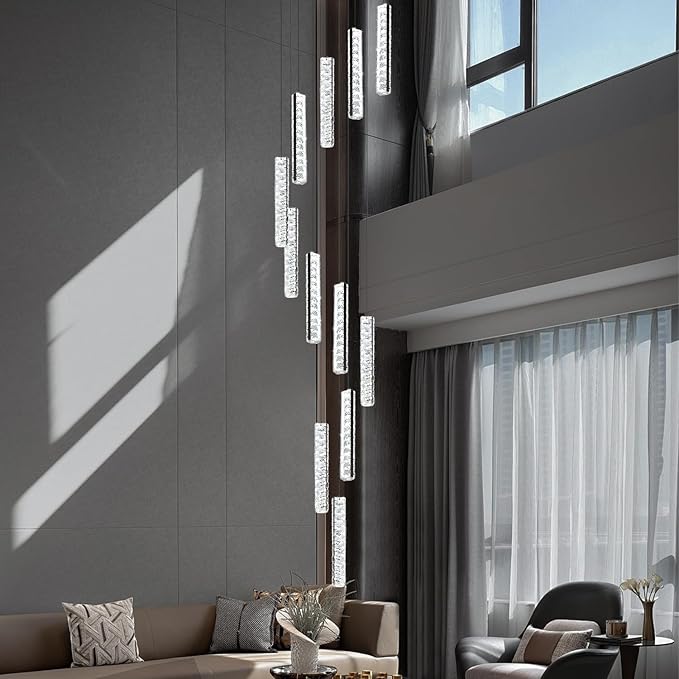 Long Spiral Crystal Chandelier Lighting for Foyer 12-Light Black Staircase Chandelier High Ceiling Slopped LED Dimmable 2700K-6000K