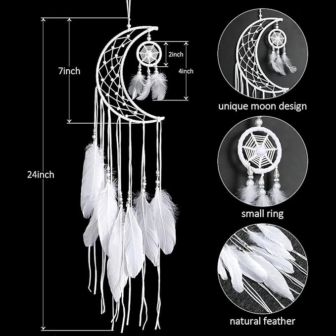 Dremisland Dream catcher New Moon Design Handmade White Feather Wall Hanging Home Decoration Ornament Craft Gift (White Moon)