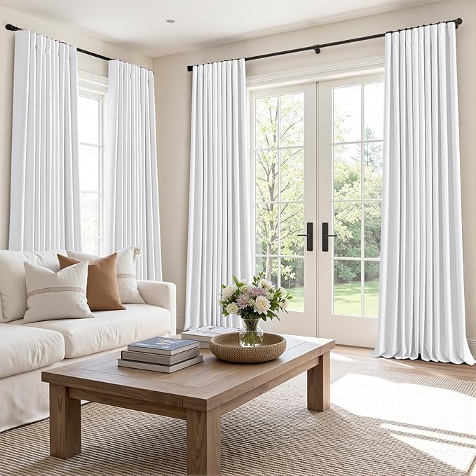 MIULEE 100% Blackout Curtains 102 Inch Long 2 Panels Set for Bedroom, Thick Faux Linen Black Out Curtain Room Darkening Back Tab Pleat Window Textured Drapes with Hooks for Living Room, Bright White