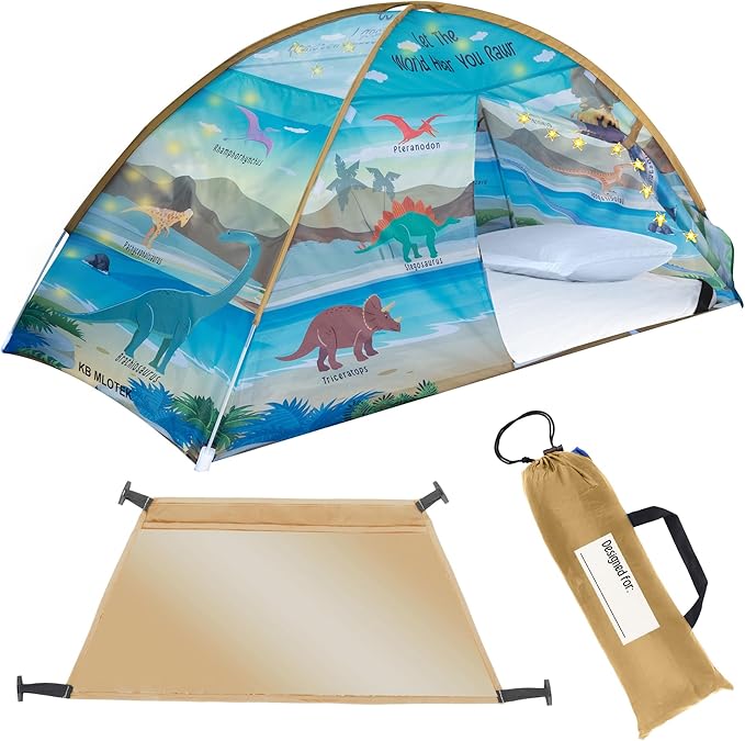 Dinosaur Twin Bed Tent for Kids Indoor Fort - Magical Dream Tents for Boys Pop Up Toddler Bed Canopy for Girls Bunk Bed Tent for Top Bunk - Sensory Sleep Pod for Kids Educational