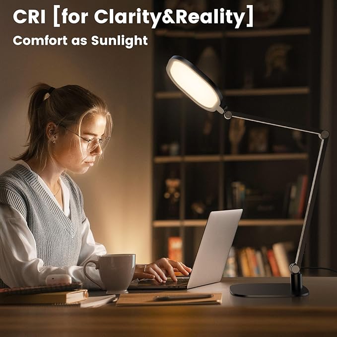 LED Desk Lamp for Home Office, 15W Desk Light with CRI >95, Memory & Timer Function, 1200LM Dimmable Computer Light for Video Calls, Conference, Reading, Study (Black-2packs)