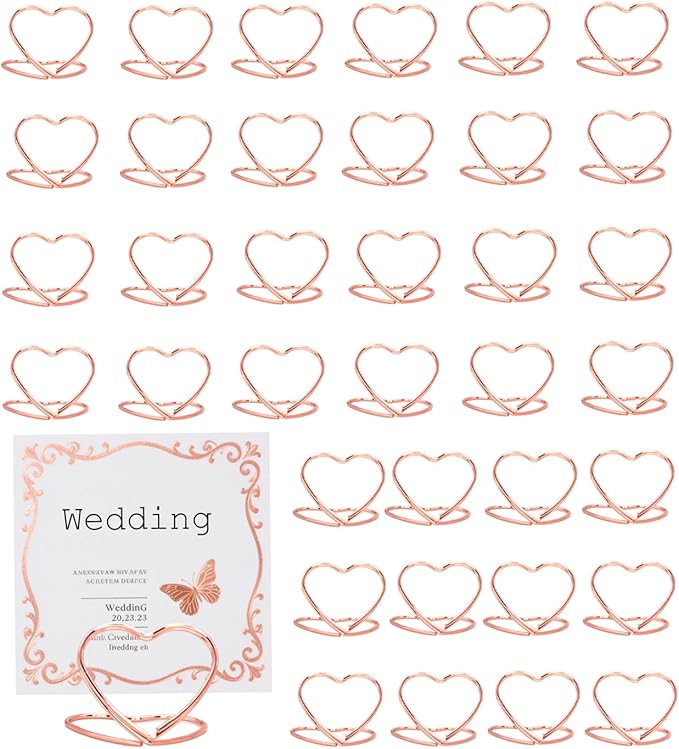36 Pcs Heart Table Number Holders - Rust-Resistant Metal Place Card Stands for Weddings, Office & Home Decor (Rose Gold)