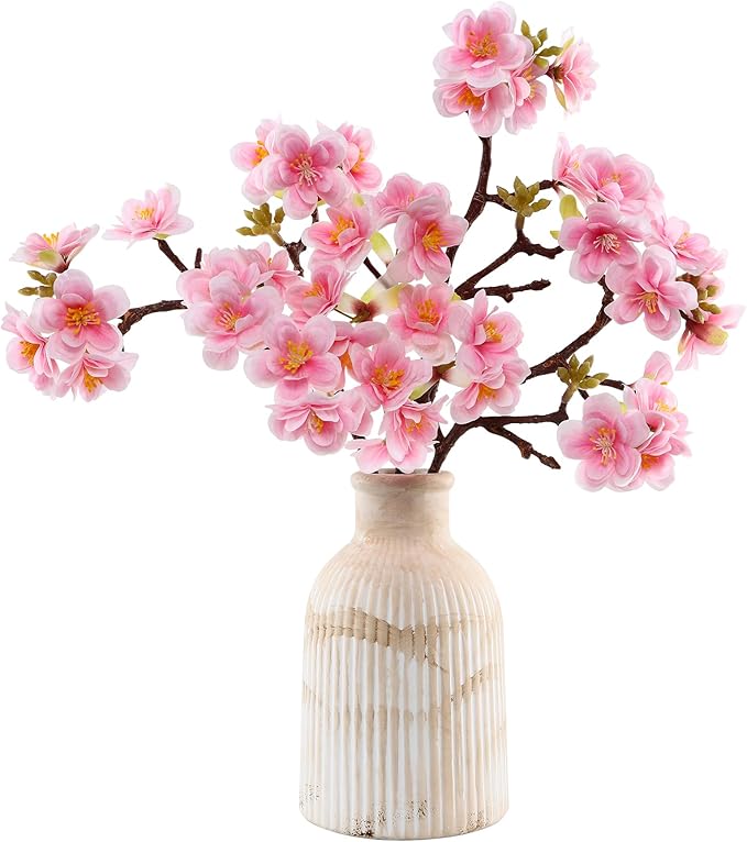 Fake Flower with Vase,3pcs Real Touch Pink Cherry Blossom Flowers in Vintage Ceramics Vase for Home Bathroom Office Desk Party Centerpiece Coffee Table Decor
