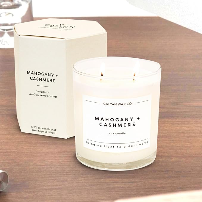 Calyan Wax Mahogany & Cashmere Scented Candle, 37 Hour Burn Time, Aromatherapy Soy Candles, Non Toxic & Vegan Soy Wax, Glass Tumbler Scented Candles, 12.5oz