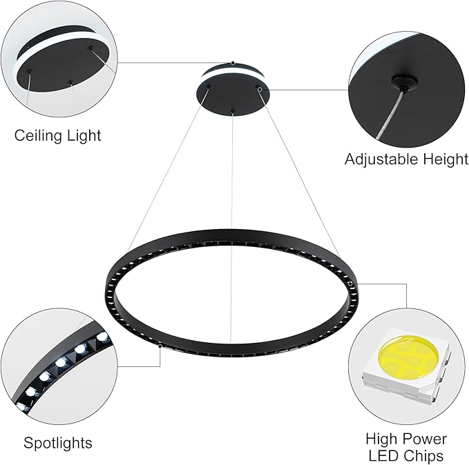 Black Modern LED Chandelier 1-Ring Circular Pendant Light 6000K 36W Dimmable Hanging Light Fixtures for Dining Room Kitchen Island Bedroom Living Room Foyer Stairway