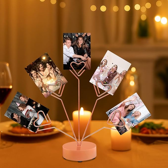 Desktop Heart-Shaped Photo Tree Style Holders Round Base,5-Branch Family Picture Frame Clips Holder Desk Card Display Stand for Christmas,Wedding, Birthday Party,Gift (Rose Gold)