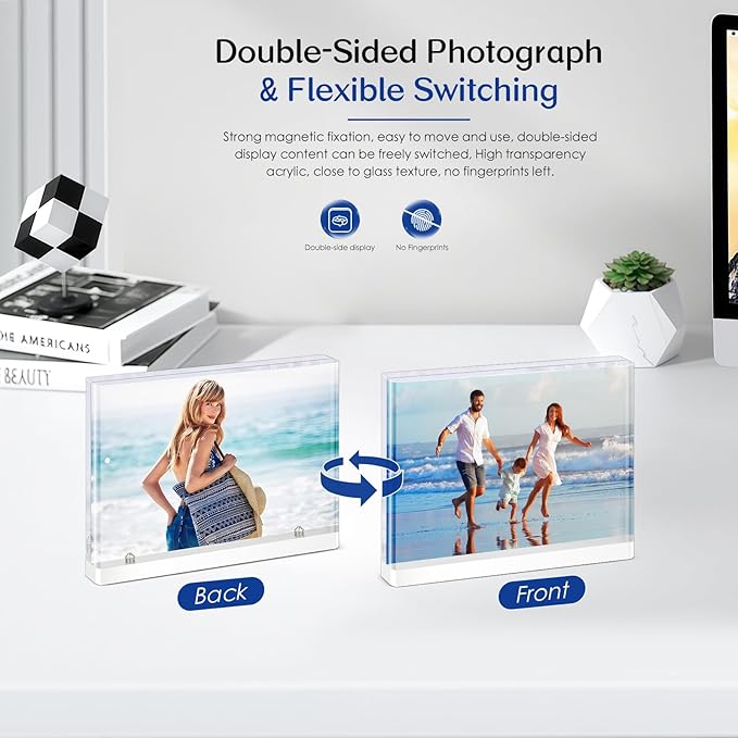 4-Pack 4x6 Acrylic Frame – Concealed Magnetic Free-Standing Horizontal Display, Clear Frameless Acrylic Frames for Pictures, Artworks, Postcards or Photo Prints on Desk, Shelves, and Office Decor