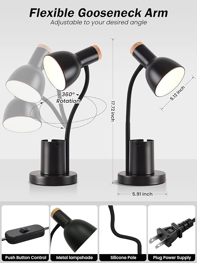 LED Desk Lamp with Pen Holder, Eye-Caring Desk Light 3 Color Modes Reading Light Flexible Gooseneck Metal Study Lamp, Cute Table Lamps for Home Office Bedside Dorm(Black Lamp)